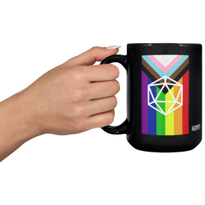 Progressive LGBT Pride Flag D20 Black Mug Ceramic Mugs - Gemmed Firefly