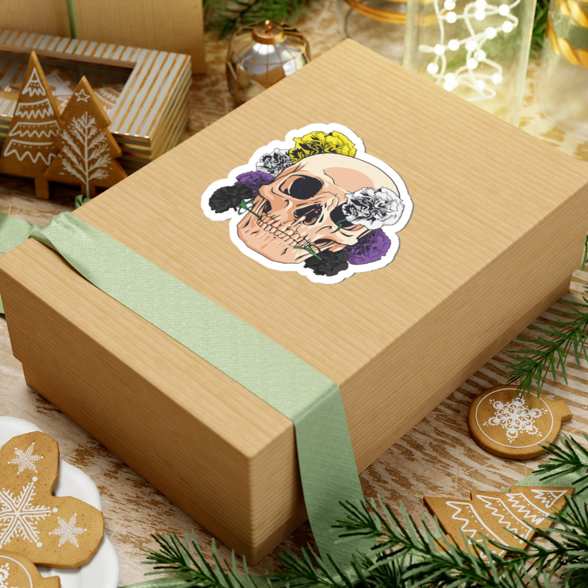 Skull with Non-Binary Flowers Kiss-Cut Sticker