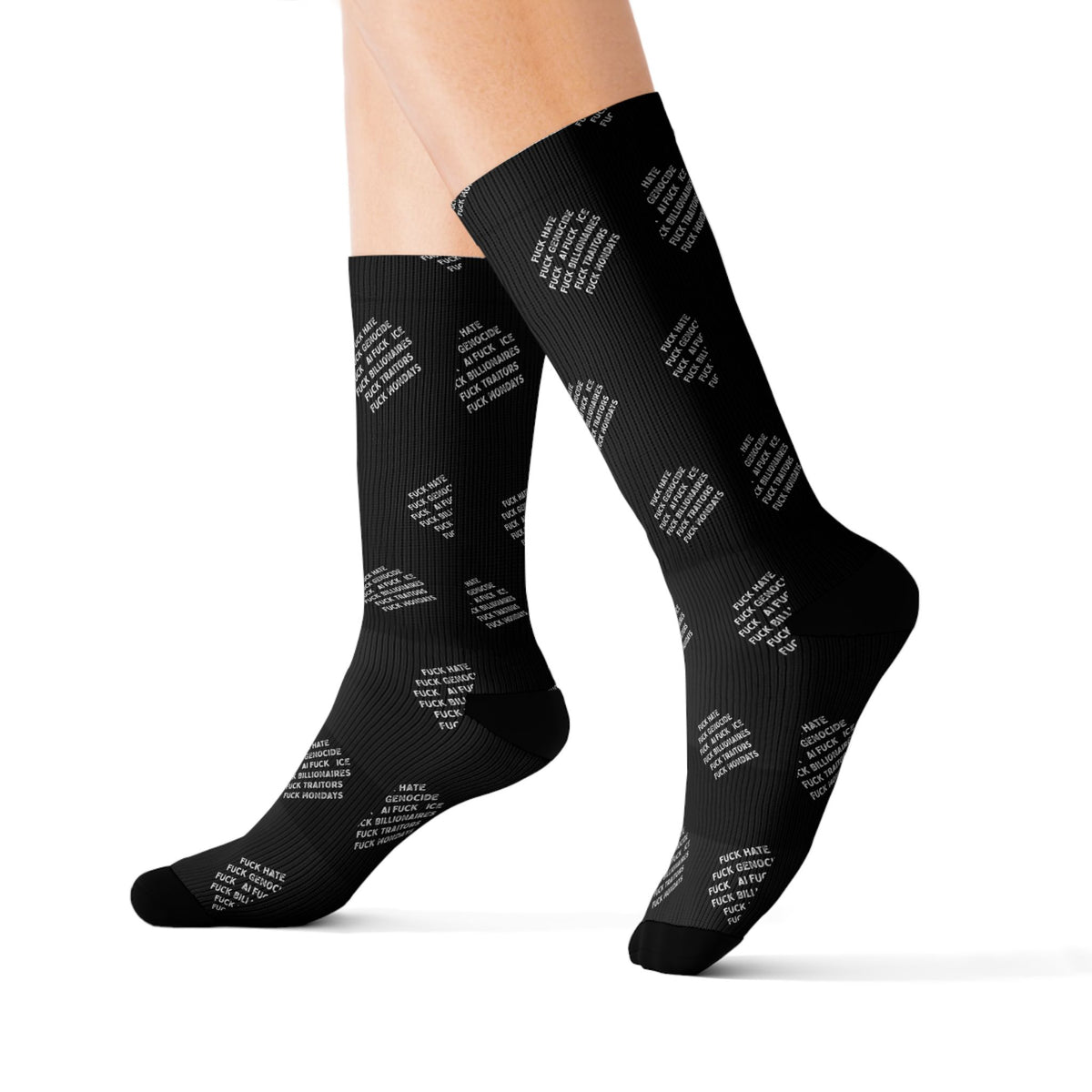 F*ck Hate Sublimation Crew Socks — Subtle Script Dot Pattern