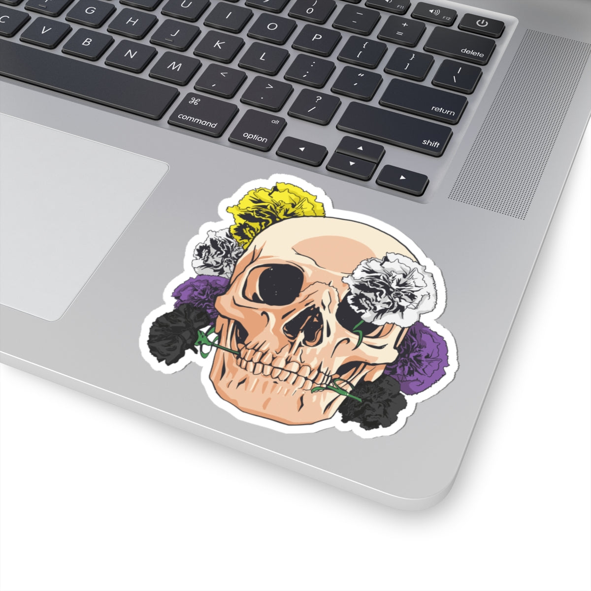 Skull with Non-Binary Flowers Kiss-Cut Sticker