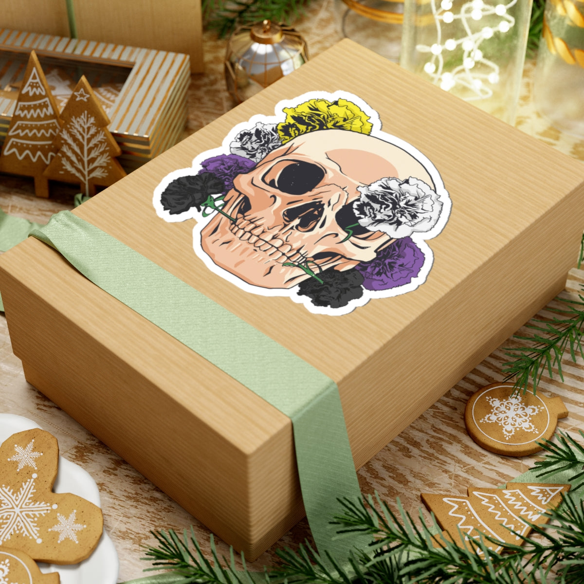 Skull with Non-Binary Flowers Kiss-Cut Sticker