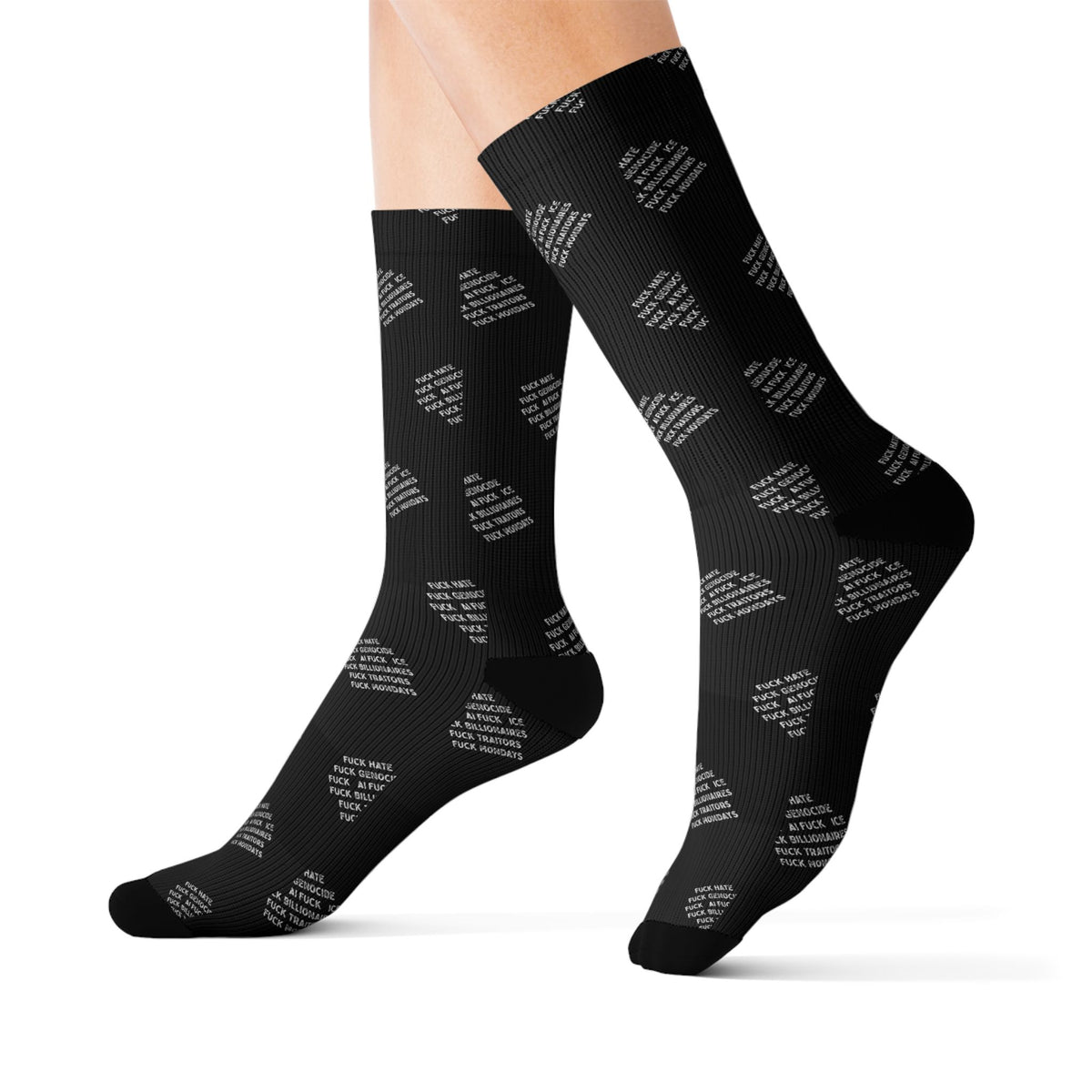 F*ck Hate Sublimation Crew Socks — Subtle Script Dot Pattern