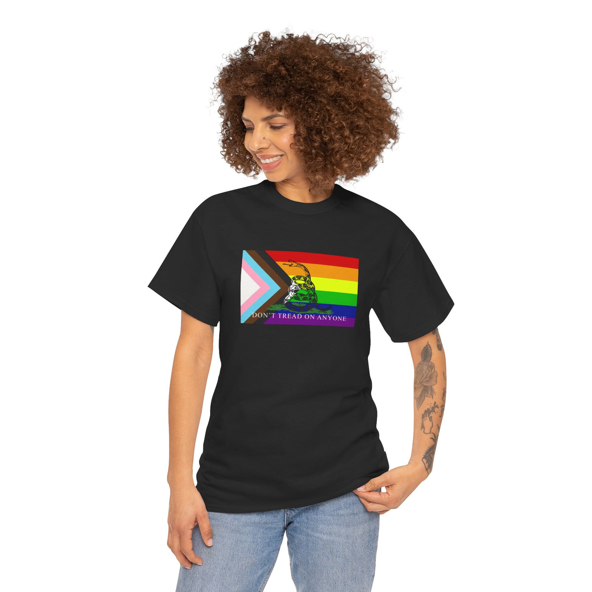 'Don't Tread On Anybody' - LGBT Progressive Pride Gadsden Flag T-Shirt T-Shirt - Gemmed Firefly