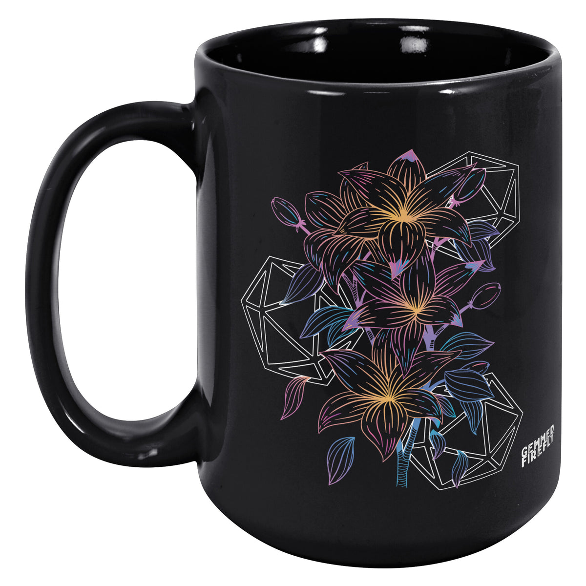 Lilies and Luck Black Mug Ceramic Mugs  - Gemmed Firefly