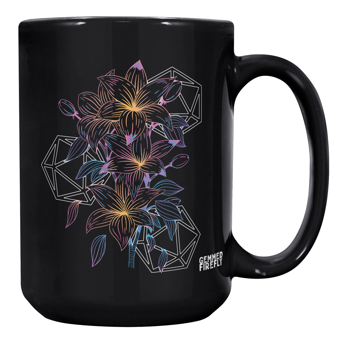 Lilies and Luck Black Mug Ceramic Mugs  - Gemmed Firefly