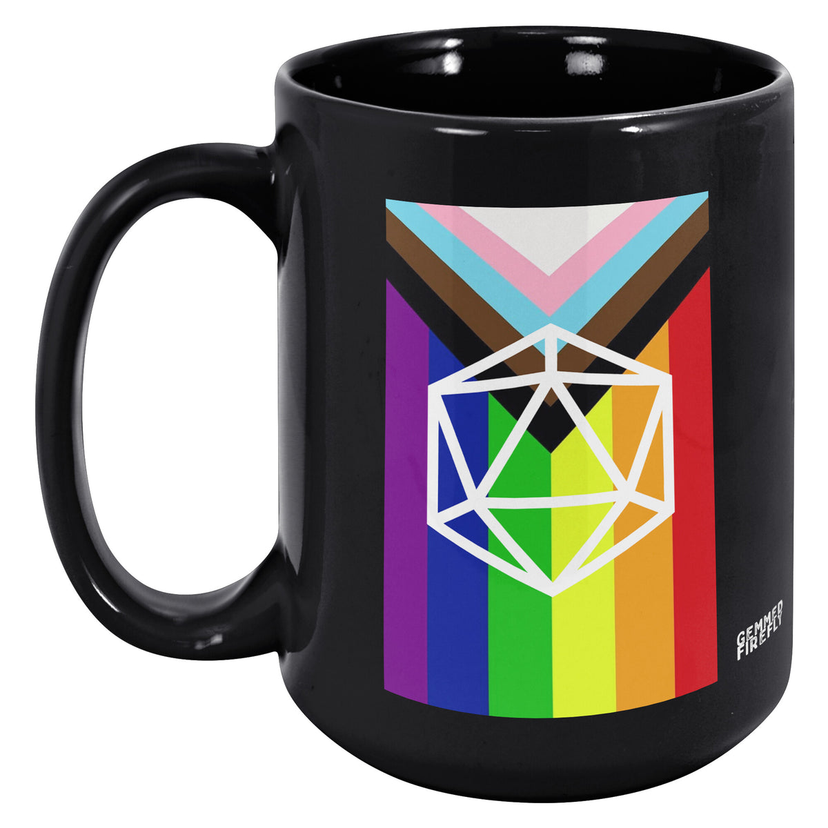 Progressive LGBT Pride Flag D20 Black Mug Ceramic Mugs  - Gemmed Firefly
