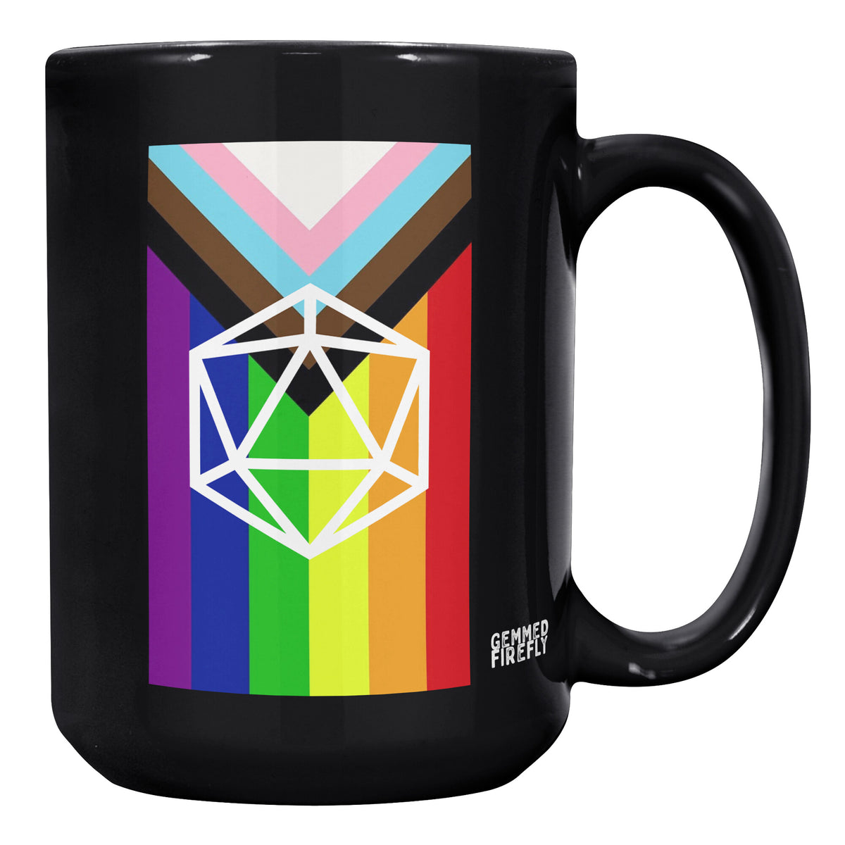 Progressive LGBT Pride Flag D20 Black Mug Ceramic Mugs  - Gemmed Firefly