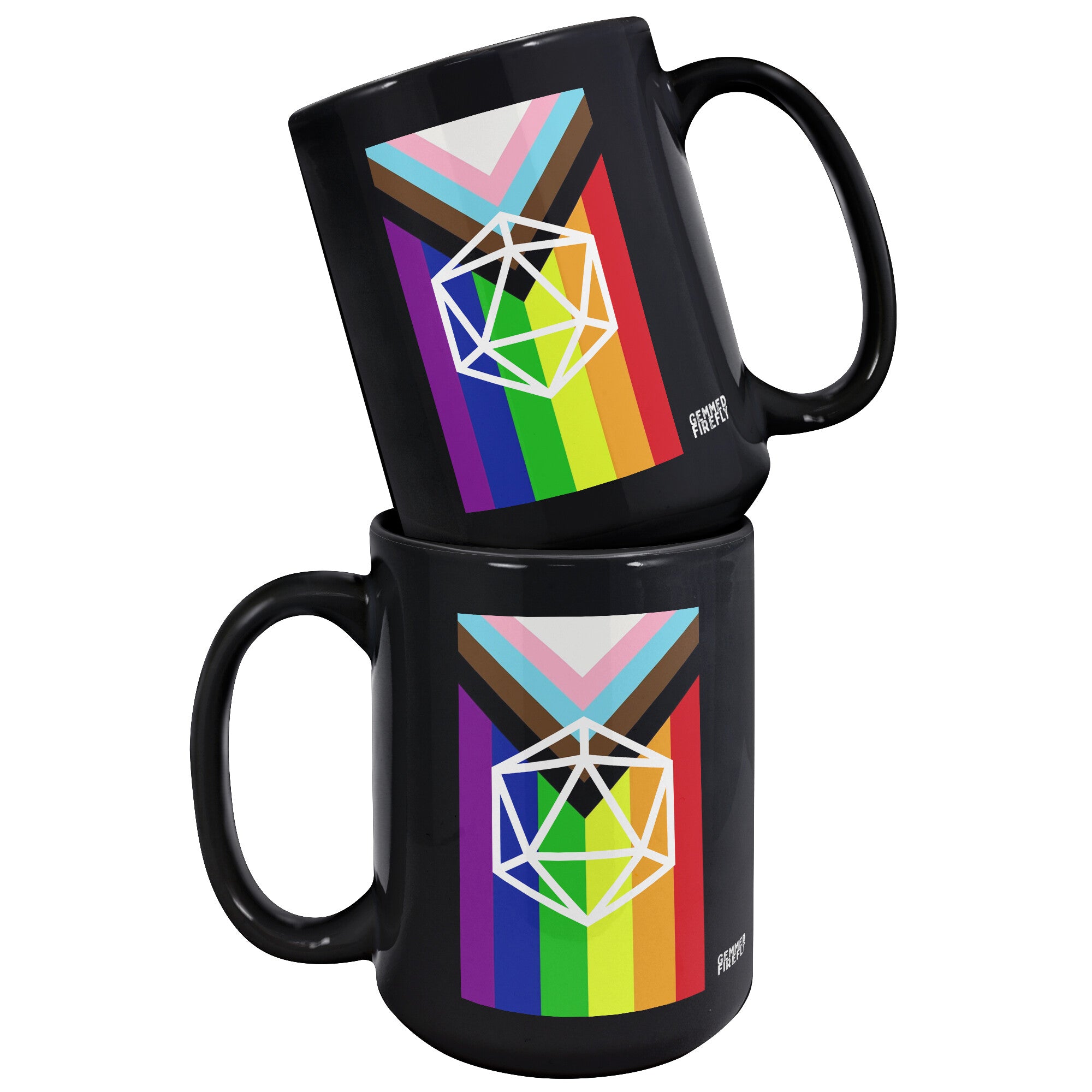 Progressive LGBT Pride Flag D20 Black Mug Ceramic Mugs  - Gemmed Firefly